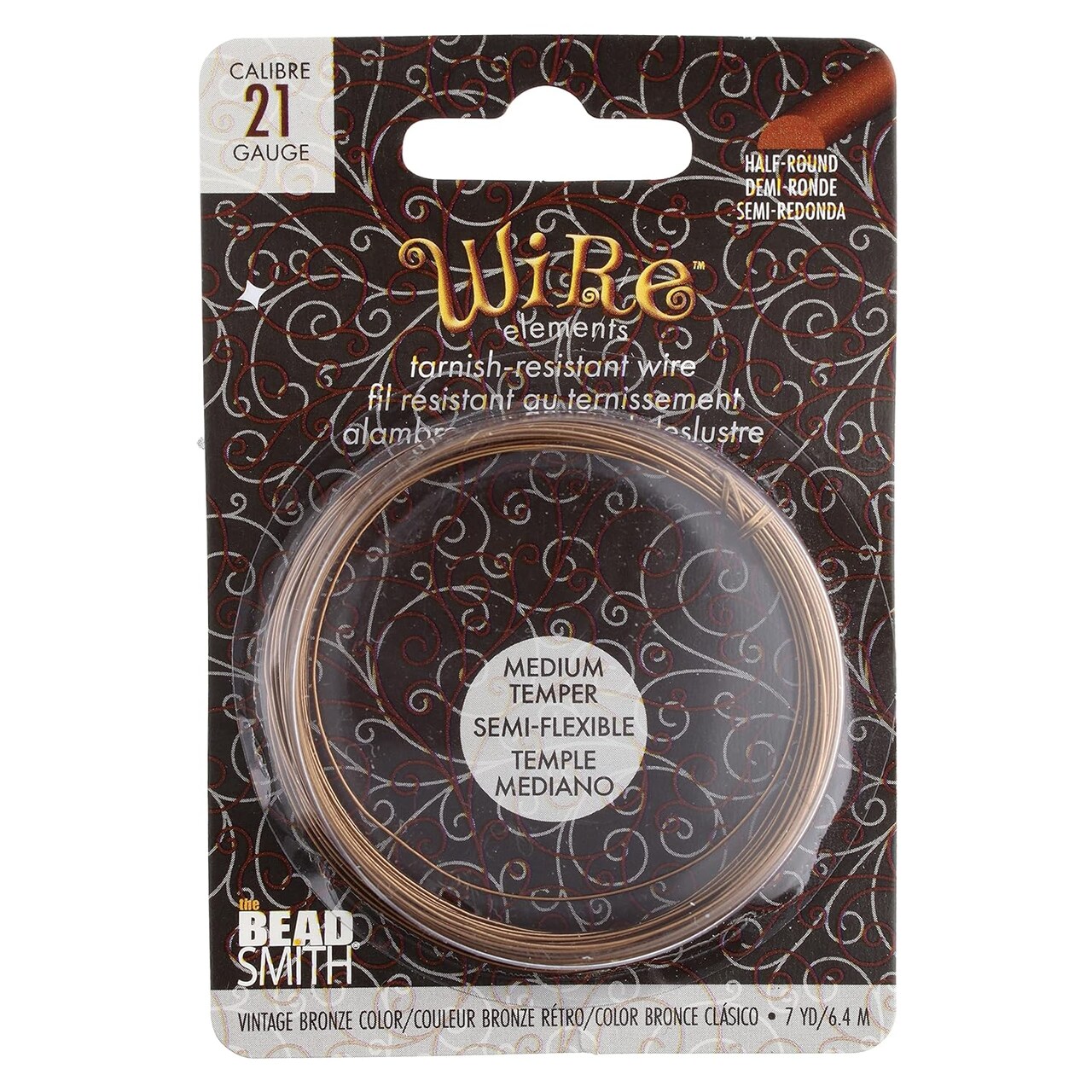 The Beadsmith Half-Round Craft Wire - Medium Temper Beading Wire, Vintage Bronze Color, 21 Gauge, 7 Yards